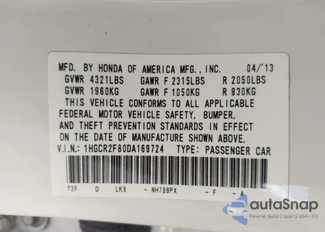 2013 Honda Accord Ex-L z USA, uszkodzony, nr VIN 1HGCR2F80DA169724